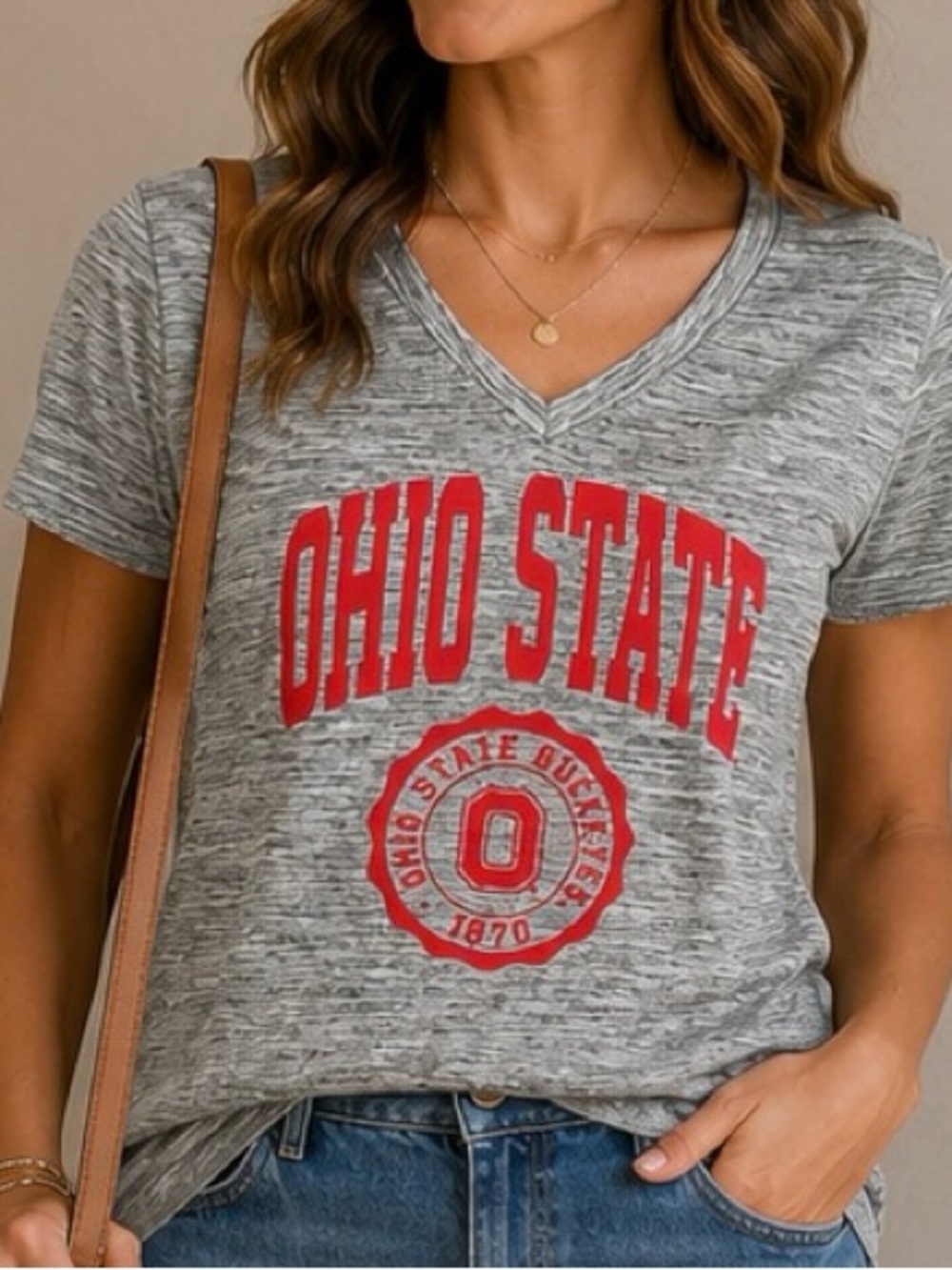 Varsity Heathered Gray V-Neck Tee Red Ohio State Graphic Form Fitting XL
